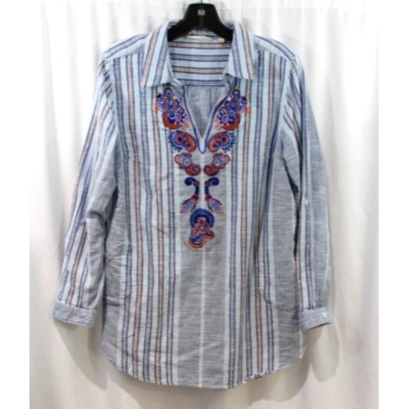 Soft Surroundings‎ Womens Blue Striped Embroidered Tunic Blouse M - Picture 1 of 9